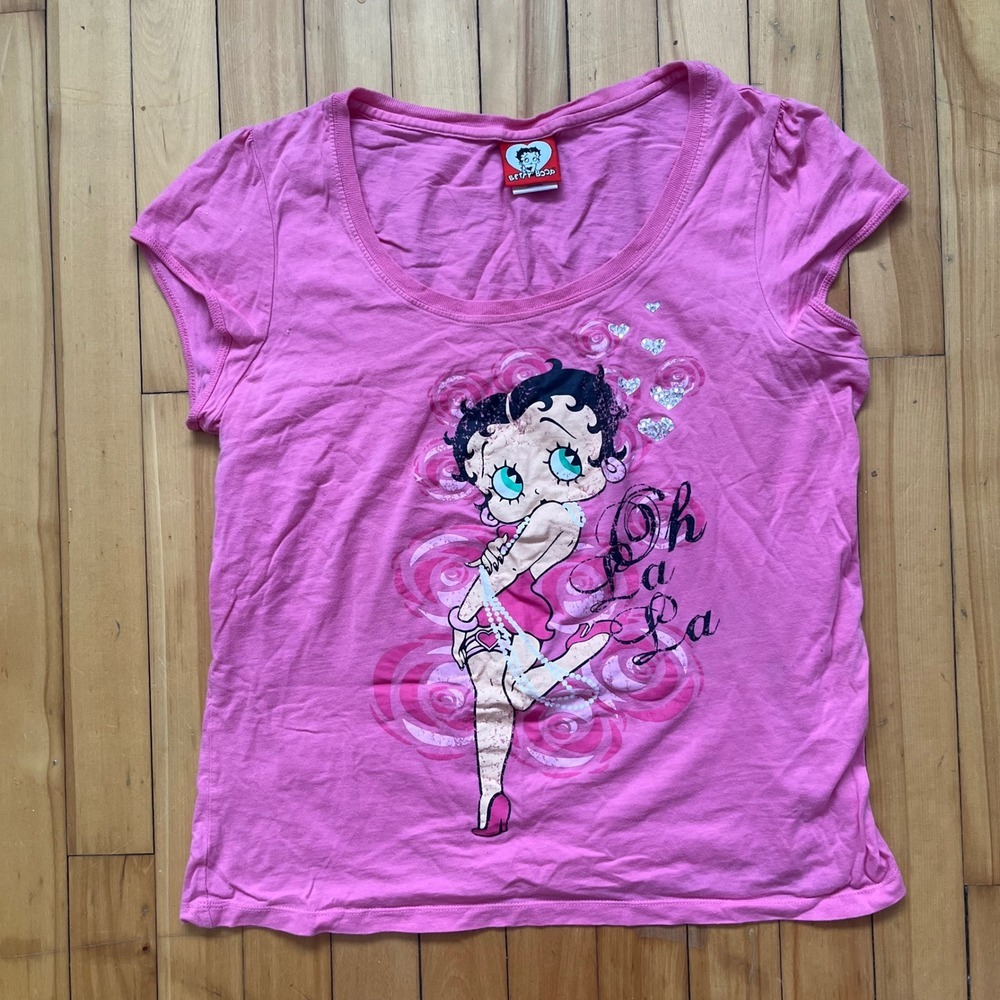 Vintage Betty Boop Pink Graphic T Shirt Oh La La Cartoon Character Tee Top XL